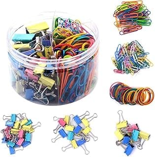 Juego de 240 clips de metal coloridos para carpeta, abrazaderas de papel, bandas elásticas de goma con estuche, varios tamaños