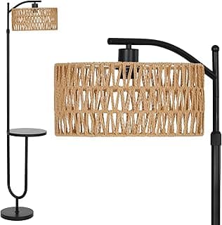 LuminexDesigns Lámpara de Pie Vintage en Ratán – Estilo Retro Negra con Portalámparas E27, Repisa Integrada, Altura Ajustable 176 cm, Cable 2 m, Interruptor de Pie, para Salón y Dormitorio
