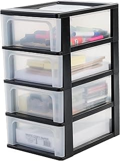 Iris Ohyama Unidad de almacenamiento de plástico con 4 cajones profundos, Negro, formato A4, A5 y A6, multiusos, para oficina, escuela, papelería, armario y hogar, Torre, Organizador, OCH-2004