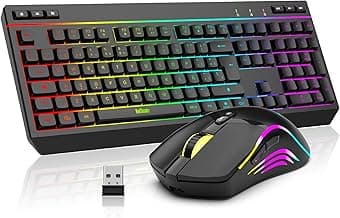 RedThunder K20 Juego de Teclado y Ratón Inalámbrico Recargable, ES Layout, Retroiluminación RGB + Teclas de Función Multimedia, Ratón 7D 4800DPI para PC Mac Portátil(Negro)