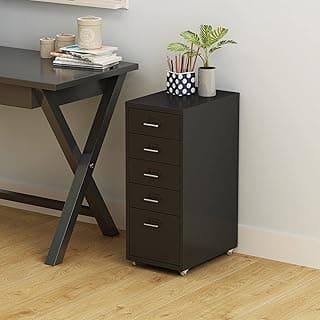 [en.casa] Archivador Móvil Kökar Organizador de Oficina con 5 Cajones Portaetiquetas Gabinete de Archivos con Ruedas para Despacho Taller 69 x 28 x 41 cm Acero - Negro Mate