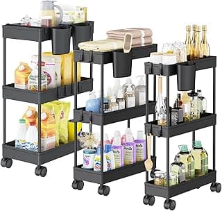 Shrivee Pack of 3 Carrito Auxiliar Baño con Ruedas 3 Niveles Ahorro de Espacio Carro Organizador con Ganchos y Tazas de Cocina Oficina (Negro)