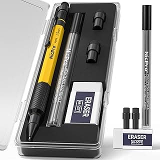 Nicpro Portaminas Mecánicos de 1,3 mm con Recambios de Lápiz, Borradores, Lápiz de Carpintero Resistente para Marcar al Aire Libre, Dibujar, Carpintería con Estuche