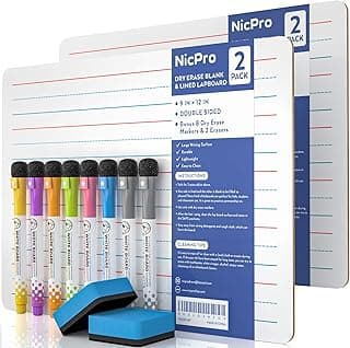 Nicpro 2 piezas A4 Pizarra, Pequeño Tablero Blanco 22 x 30 cm Doble Cara con 8 Color Rotulador, 2 Borrador para Alumno Colegios, Oficinas