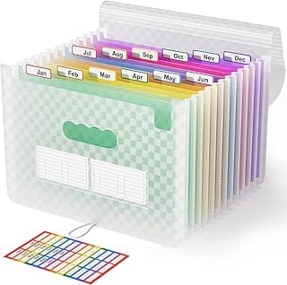 ABC life Carpeta Clasificadora de Acordeon 13 Bolsillos,A4 Carpetas Plastico Archivador con Patrón de Cuadrícula,Organizador Papeles Documentos Arcoíris,Extensible Maletin Archivadora(Verde)