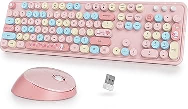 SbocKeeb Cute Teclado y Ratón Inalámbrico, Vistosa de Máquina de Escribir Teclado Retro con Teclas Redondas,2.4GHz Fullsize,Americano QWERTY