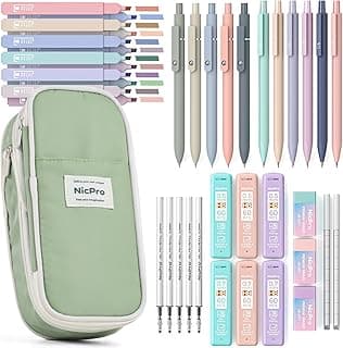 Nicpro 39 Piezas de Suministros Escolares Estéticos con Estuche para Bolígrafos, 12 colores Resaltadores lindos, 5 bolígrafos de tinta negra,6 Portaminas Pastel 0,5 y 0,7 mm