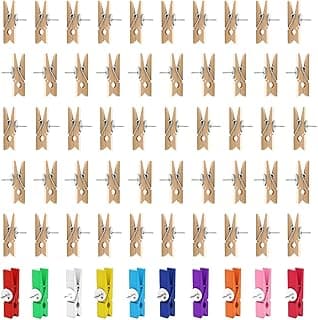 60 chinchetas con Clips de Madera, 50 Clips de Color de Madera, 10 Clips de Color con chinchetas para Pared de exhibición, Fotos de Clavos y Abrazaderas, Adecuado para Oficina, Escuela, hogar