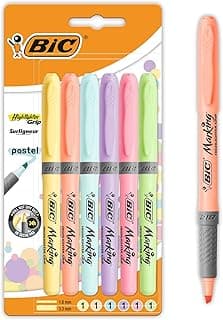 BIC Highlighter Grip Pastel Marcadores de Punta Biselada Regulable - Colores surtidos, Pack de 6 subrayadores pastel, Óptimo para Material Escolar y de Oficina