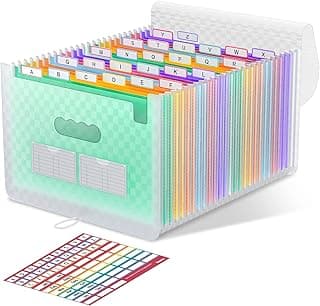ThinkTex Carpeta Clasificadora Acordeón, 26 Bolsillos Archivador A4, Extensible Carpetas Clasificadora, Separadores Archivadores, Diseño de atrón de cuadros, para Hogar Oficina - Verde
