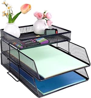 Bandejas de malla de 2 niveles, apilable, para escritorio de oficina, con soporte superior de papelería, bandejas de papel para documentos, oficina, escuela y hogar, color negro