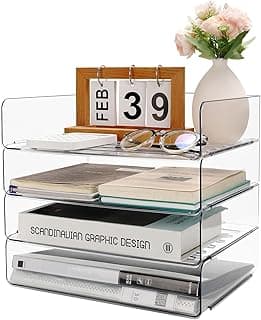 Aevcvok 4 Bandejas Oficina Apilables, Transparente Pet Organizador Documentos, Bandejas Plastico, Organizador de Papeles, Organizador para Escritorio Oficina Desk
