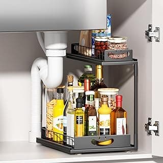 SUMAITech Organizador bajo Fregadero de Metal, 2 Niveles Estanterias Almacenaje Cocina, Organización Extraíble Estante Almacenamiento Debajo Fregadero, Negro