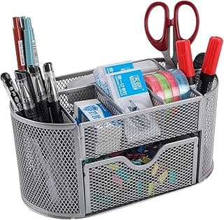 Organizador de escritorio, organizador de oficina de metal de malla con cajón y portalápices, 9 compartimentos clasificadores para bolígrafos, grapadora, clips de carpeta, notas adhesivas, organizador