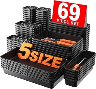 A-LuGei 69 organizadores de cajones de plástico, divisores de escritorio, bandejas de almacenamiento, cajas divisorias para maquillaje, joyas, dormitorio, baño, oficina y herramientas, negro