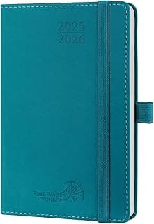 POPRUN Agenda 2025 2026 Pequeña de Bolsillo 16 x 10,5 cm, Planificador Semanal 17 Meses de Ago.2025 a Dic.2026, Porta Boligrafos Autoadhesivo, 80 GSM Papel, Verde Pacífico