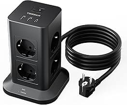 TESSAN Regleta Enchufe Proteccion Sobretension 8 Tomas con 2 USB A y 1 USB C, Torre Regleta Vertical con Interruptor, Alargador Enchufe 2 Metros, Torre Multiple 3600W para Mesa, Oficina, Casa, Negro