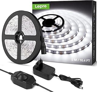 Lepro Tira LED Regulable, Luces LED Habitación 5M 1200lm, Blanco Frío 6000K, 300 LEDs, Tira Luz LED para Gabinete, Armario y Más, Incluido Fuente de Alimentación de 12V y Regulador de Intensidad