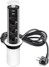 Emuca - Regletas Enchufe encastrable, Regleta multienchufe retráctil, 3 enchufes EU y 2 Puertos USB, Torre de enchufes Vertical empotrable para encimera, Pintado Blanco, Plástico y Aluminio
