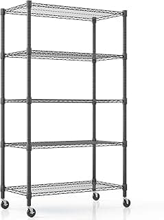 Himimi Estante de Almacenamiento de pie de 5 Niveles con Ruedas, Altura Ajustable, estantería Resistente con Gancho para baño, Cocina, Garaje, Dormitorio, 45 x 90 x 183 cm, Color Negro