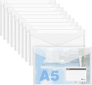Agoer 48 Carpetas Plastico A5, Carpeta Fundas Plastico A5 Transparente con Bolsillo para Etiquetas, Portafolios A5 Plastico con Botón de Presión para Oficina, la Escuela y el Hoga