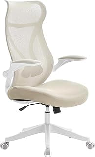 SONGMICS Silla de Oficina, Silla de Escritorio, Respaldo Ergonómico, Altura Ajustable, Reposabrazos Plegables, Silla Giratoria con Reposacabezas, Carga de 150 kg, Beige Capuchino OBN088K01