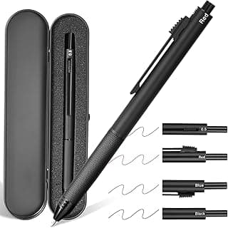 AUAUY Bolígrafo 4 en 1 negro | Bolígrafo y lápiz, Bolígrafo Multifunción con caja metálica - 3 recambios de bolígrafo en azul, negro y rojo + 1 mina portaminas 0,5mm de bolígrafo- negro