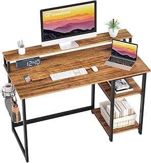 GreenForest Escritorio de Ordenador con Soporte de Monitor, Escritorio de Oficina con Estantes de Almacenamiento Ajustables, Pequeño Escritorio Reversible para el Estudio, Marrón