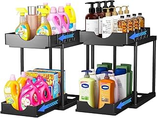 2 Pack Organizador Bajo Fregadero, Organizador Cocina 2 Niveles Debajo del Fregadero Extraíble Estante Almacenamiento, Baño y Hogar, 8 Ganchos, 1L, Negro