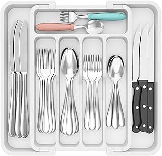 Lifewit Bandeja Cubiertos Cajon,BPA Free Organizador Utensilios Cocina, Cubertero Extensible para Cuchillos/Tenedores, Separador Herramientas para Encimera, Almacenaje Accesorios para Armario, Blanco