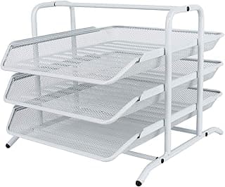 EasyPAG 3 Niveles Metal Malla Oficina A4 Escritorio Bandeja Documento Soporte Archivos Organizador Revistero Almacenamiento Papeles Clasificador Carta Estante Folios,Blanco