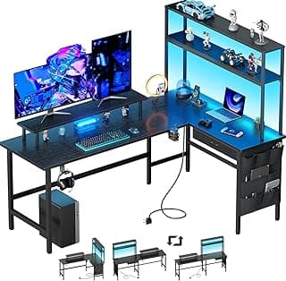 HLFURNIEU Mesa Gaming LED 170 x 100 cm, Escritorio Esquinero con Enchufes y Puertos USB, Escritorio Gaming en L con Cajón & Bolsa de Almacenamiento, Mesa Ordenador con Soporte para Monitor, Negro