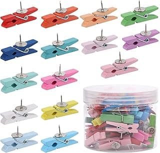 50 chinchetas con clips de madera, para tablero de corcho, proyectos artísticos, suministros de fotos (coloridos)
