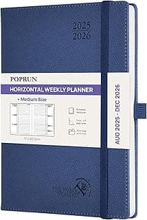 POPRUN Agenda 2025 2026 Semana Vista 22 x 16,5 cm, Weekly Planner 17 Meses de Ago.2025 a Dic.2026, Planificador en Marcapágina de Cinta, Tapa Blanda, 80 GSM Papel, Blu Marino