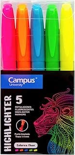Campus – Subrayadores Fluorescentes, Lápiz marcador con Punta Biselada, Pack de 5 Highlighter Pen de Colores Neón, Rotuladores Resaltadores de Base al Agua (Pack de 5 Neón)