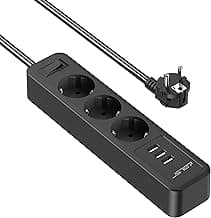 JSVER - Regleta, 3 Tomas, 3 Puertos USB, Cargador de Viaje (5 V, 4 A, 3680 W, 16 A), pararrayos y Protectores contra sobretensiones, Cable de 2 m, para Smartphone, hogar y Oficina, Negra