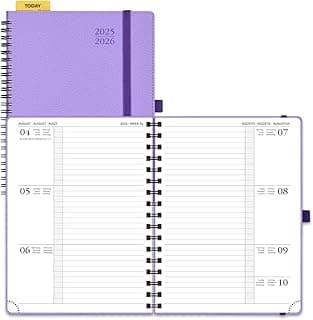 POPRUN Agenda 2025 2026 Semana Vista Espiral 22 x 16,5 cm, Weekly Planner 17 Meses de Ago.2025 a Dic.2026, Planificador en Regla de Plástico, Tapa Blanda, 80 GSM Papel, Colore Lavanda