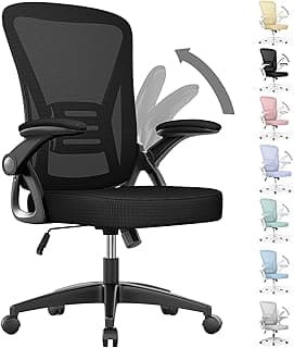 rattantree Silla de Oficina con Reposabrazos Abatibles, Silla de Escritorio Ergonómica con Soporte Lumbar, Silla Giratoria Regulable en Altura, Silla de Malla Transpirable, Negro