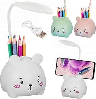 Lampara Escritorio Led Intantil Con Portalápices, Lampara Escritorio Niño, Lampara Escritorio Niña, Lampara De Mesa led, Lamparas De Mesa Infantiles Oso, Flexo Led Escritorio Infantil USB (Blanco)
