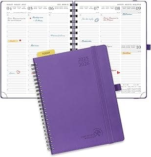 POPRUN Agenda 2025 2026 Semana Vista 22 x 16,5 cm, Semanal 17 Meses de Ago.2025 a Dic.2026, Planificador en Espiral, Tapa Blanda, 80 GSM Papel, Violet