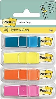 Post-it index marcadores adhesivos pequeños, lote de 4 dispensadores, 140 marcadores (11,9 x 43,2 mm), colores amarillo, azul, naranja y rosa – para señalar, resaltar o organizar documentos