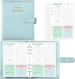 Qefuna A5 6 agujeros en PU planificador diario sin fecha, bloc de notas con lista de tareas por hacer planificador de citas 140 páginas/70 hojas blocs de notas tapa dura planificador diario-azul