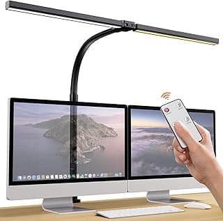 Tyonto Lámpara de escritorio de 1300 lm, doble cabeza, LED, regulable, mando a distancia, 24 W, 80 cm, con abrazadera, lámpara de mesa, lámpara de luz diurna, para oficina en casa, brazo giratorio,