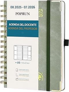 POPRUN Cuaderno del Profesor 2025 2026 A5 - Agenda Docente 25/26 Semana Vista con Pestaña Mensual de Ago.2025 a Jul.2026. Tapa Dura de Cuero Vegano y Papel Grueso de 90 g/m², Verde Oliva