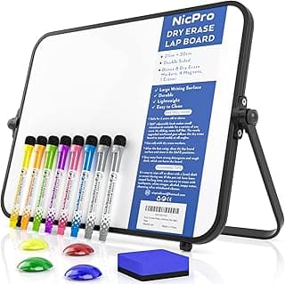 Nicpro Pizarra blanca pequeña de borrado en seco A4 con soporte antideslizante, 21x30 cm, pizarra blanca magnética de doble cara con 8 bolígrafos, borrador, imán, estudiantes, uso en el aula