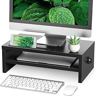 Rfiver Soporte Monitor Madera Elevador Escritorio para Portatil Pantalla Ordenador PC Monitores con Soporte para Teléfono & Tableta y Gestión de Cables | 2 Niveles Negro W425 x D235 x H140 Max 30KG