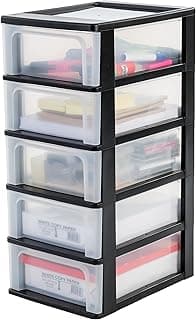 Iris Ohyama Unidad de almacenamiento de plástico con 5 cajones superficiales, Negro, formato A4, A5 y A6, multiusos, para oficina, escuela, papelería, armario y hogar, Torre, Organizador, OCH-2005