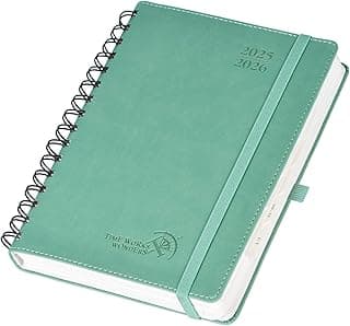 POPRUN Agenda 2025 2026 Día Por Página Espiral 21,5 x 14,5 cm, Planner Diaria con Tapa Blanda 12 Meses de Ago.2025 a Jul.2026, Banda Elástica, 80 GSM Papel, Verde Medianoche