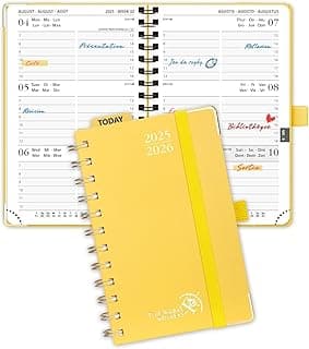 POPRUN Agenda 2025 2026 Pequeña 16 x 10,5cm, Tapa Dura Agenda Semana Vista A6, 17 Meses de Ago.2025 a Dic.2026, Regla de Plástico, 80 GSM Papel, Amarillo Claro