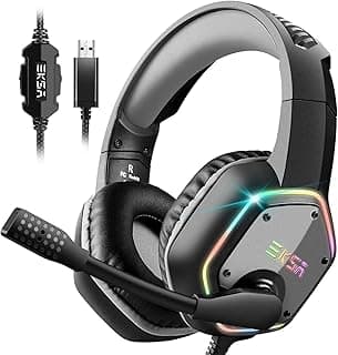 EKSA E1000 Cascos Gaming USB para PC, Over Ear Auriculares Gaming con Cable, Micrófono con Cancelación de Ruido, Sonido Envolvente 7.1, Luz RGB para Consola PS4 / PS5,Laptop